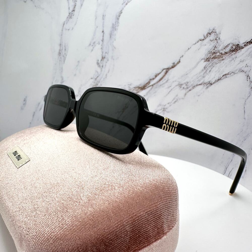 MIU MIU Sunglasses New Black Square Rectangle Acetate Gold Metal Logo Authentic